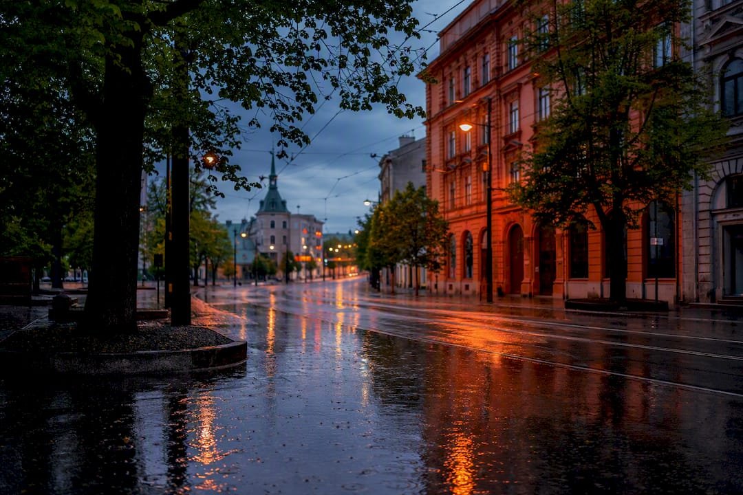 Rainy spring street in Bratislava city