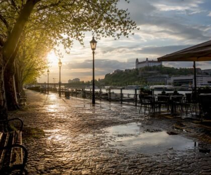 Springtime park along Danube River in Bratislava