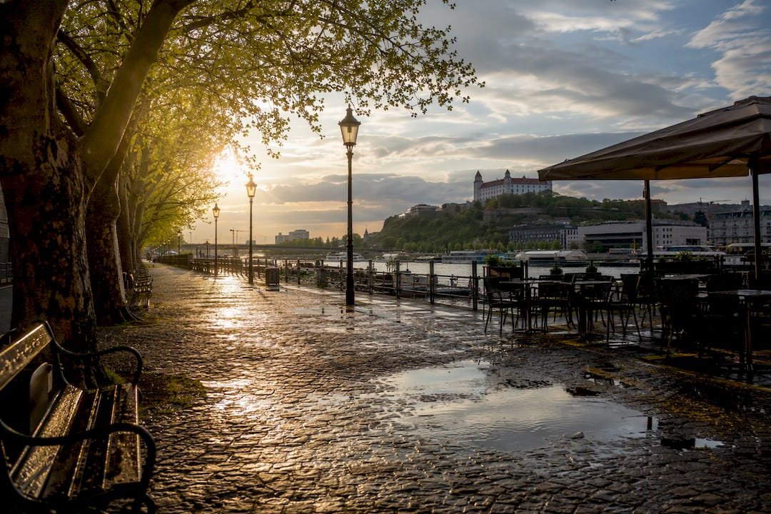 Springtime park along Danube River in Bratislava