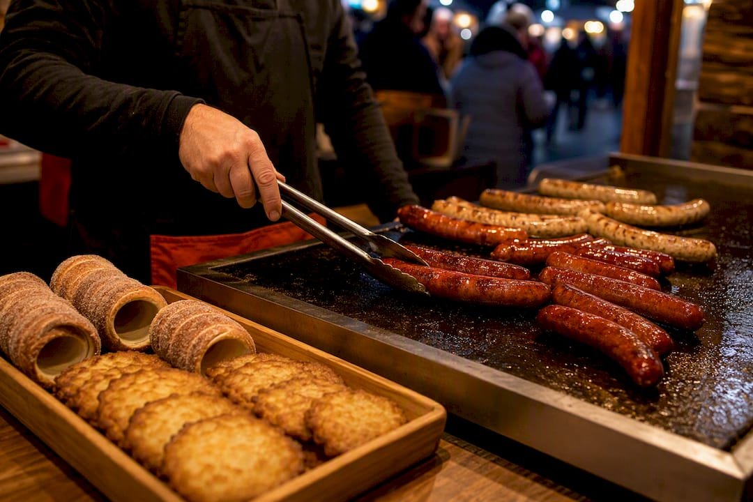 Vendor grilling sausages at Prague market stall