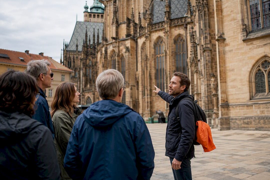 Guided visitors viewing Prague Castle exterior