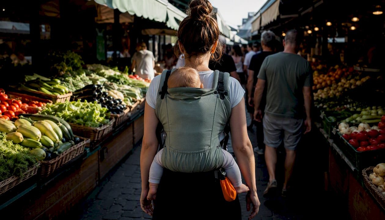 Parent using baby carrier in market aisle