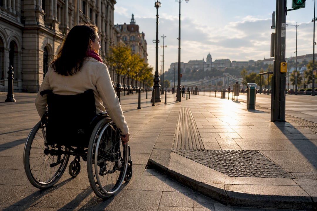 Wheelchair traveler on accessible Budapest boulevard