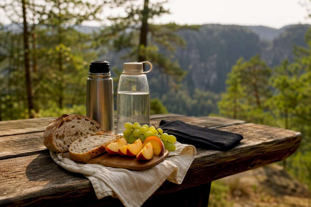 Packed picnic beside a forest trail