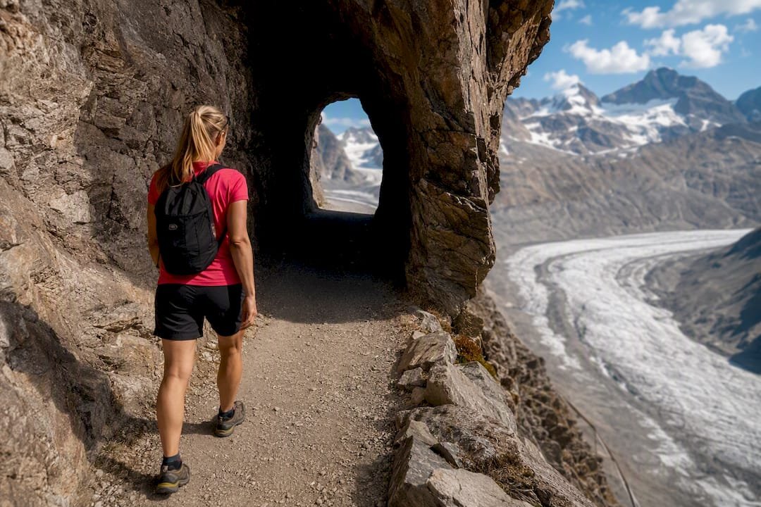 Hiker approaching Gamsgrubenweg mountain tunnel