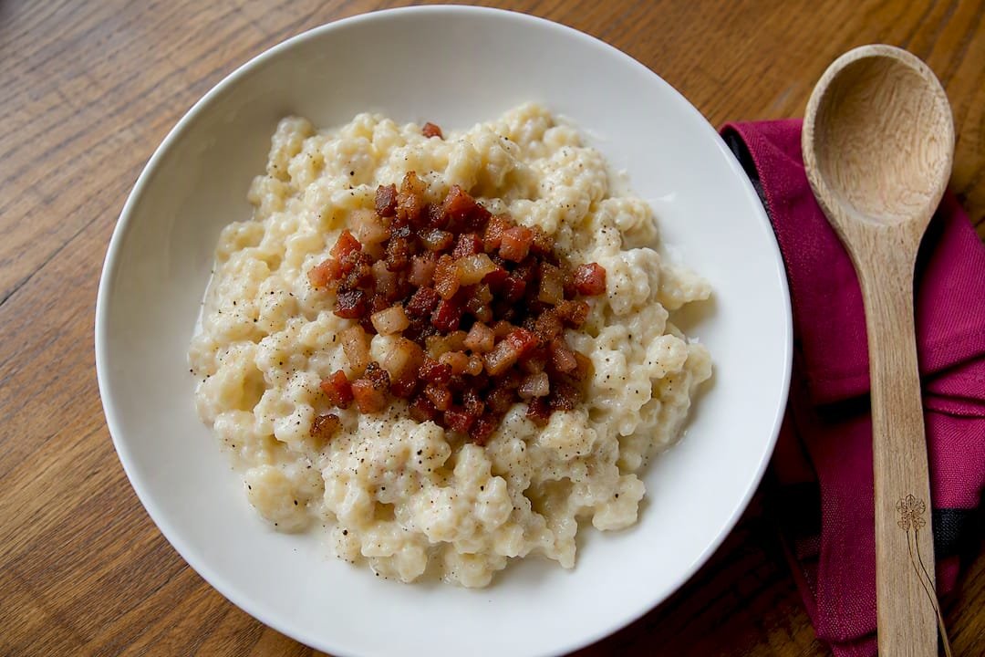 Bryndzové halušky with sheep cheese and bacon