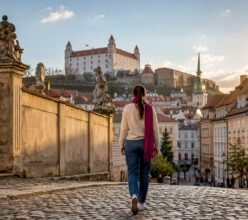 Traveler walking Bratislava Old Town beneath castle
