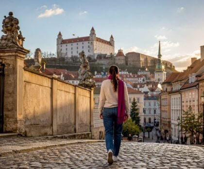 Traveler walking Bratislava Old Town beneath castle