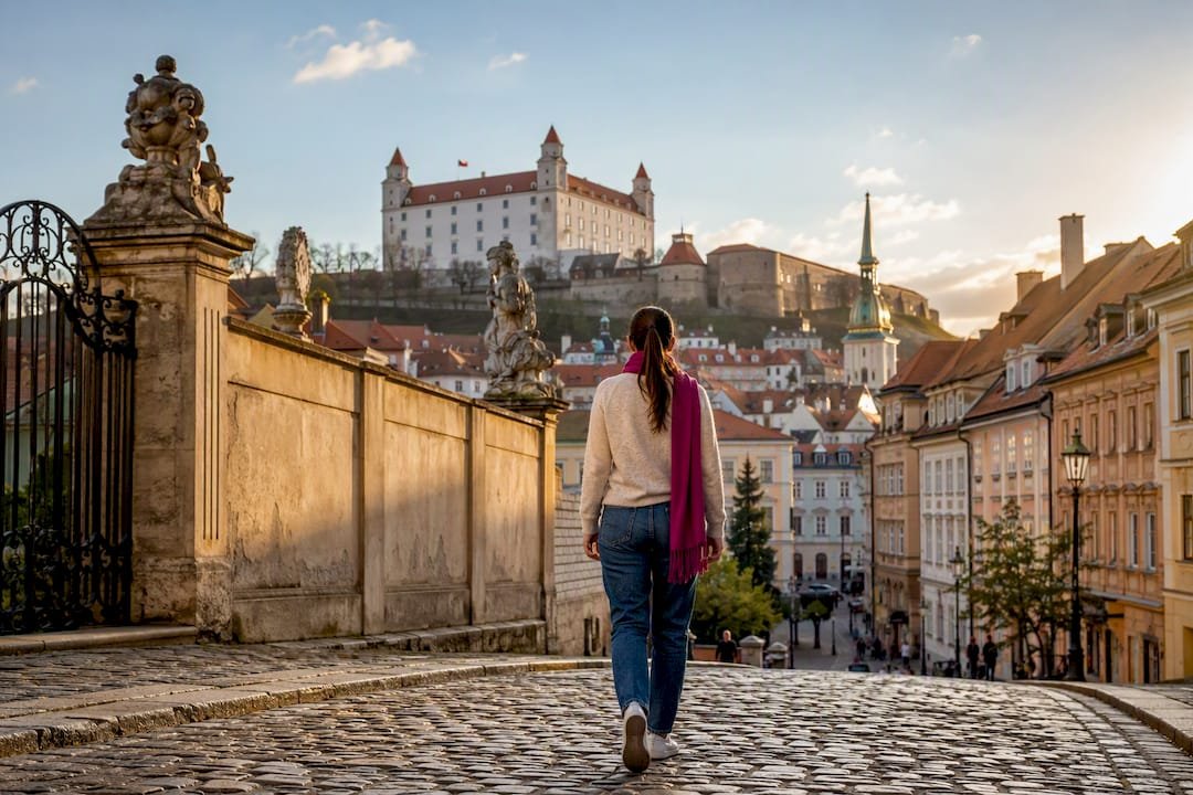 Traveler walking Bratislava Old Town beneath castle