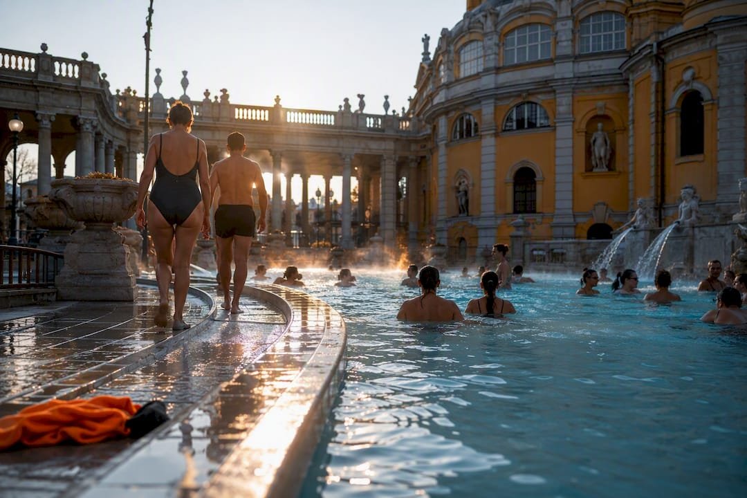 Visitors at a grand Budapest thermal bath