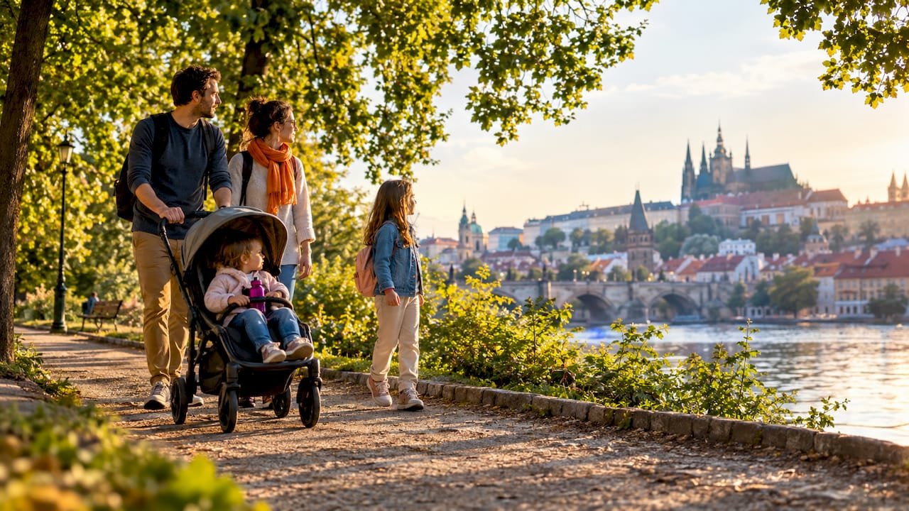 Family strolling through a Prague park