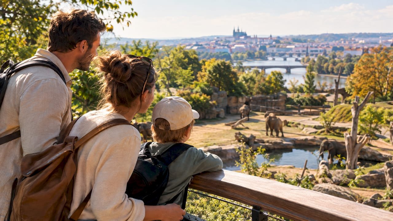Family viewing animals at Prague Zoo