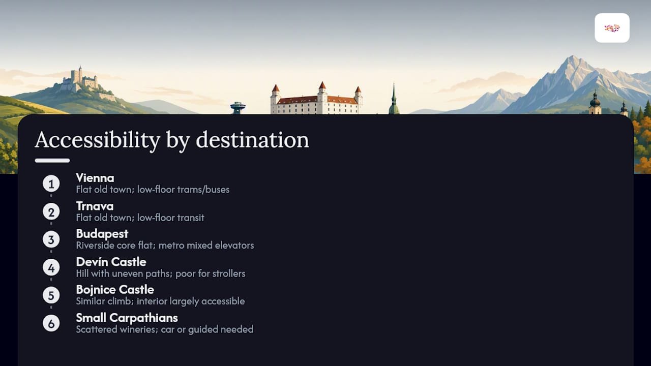 Accessibility comparison for Bratislava day trips