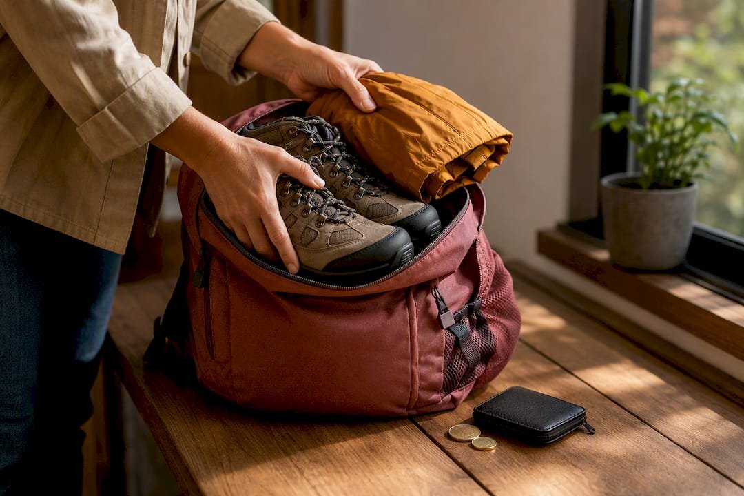 Walking shoes and layers packed for day trip