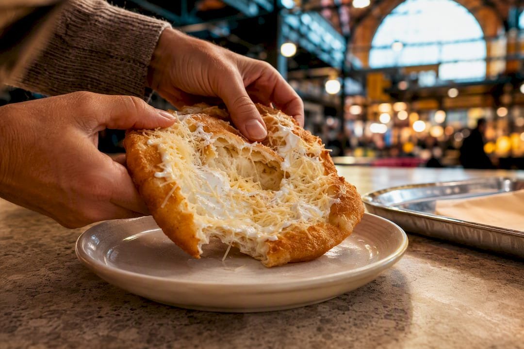 Lángos being torn in Budapest market