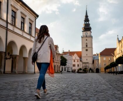 Traveler exploring Trnava historic square