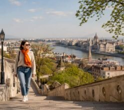 Traveler walking Budapest Castle Hill in spring