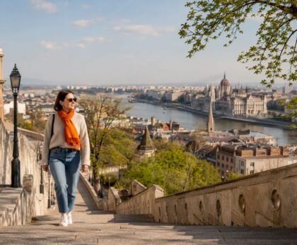 Traveler walking Budapest Castle Hill in spring