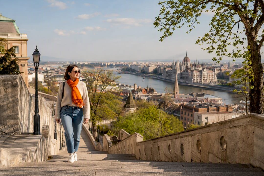 Traveler walking Budapest Castle Hill in spring